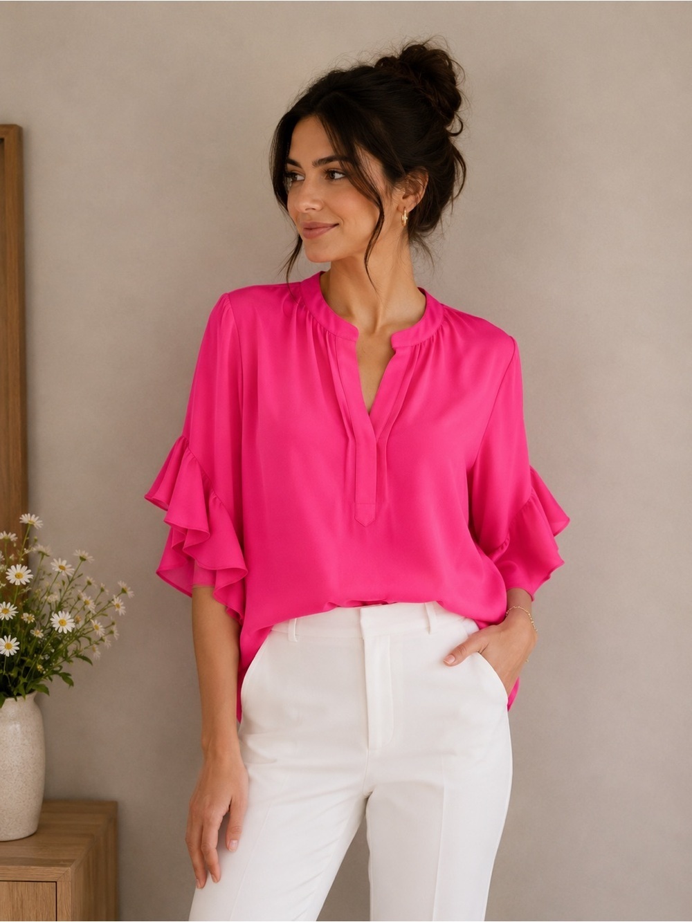 NWT Vince Camuto Split Neck Ruffle Sleeve Blouse Hot Pink Size XS